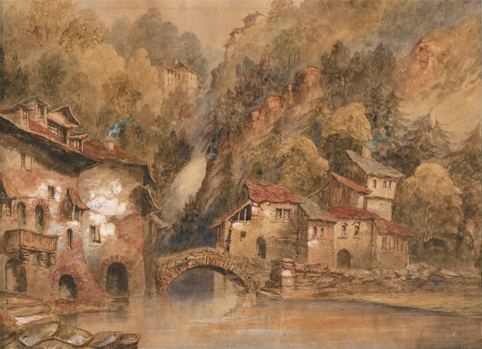 19th Century Watercolour - Alpine Landscape with Waterfall