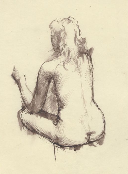 Peter Collins ARCA - c.1970s Pen and Ink Drawing, Nude Sitting Cross Legged