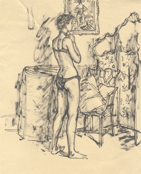 Peter Collins ARCA - c.1970s India Ink, Woman Undressing in an Interior
