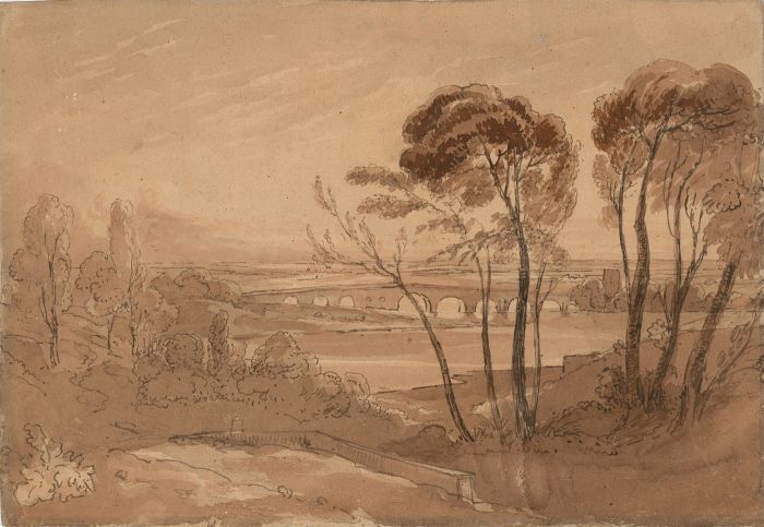 19th Century Watercolour - Bridge in a River Landscape