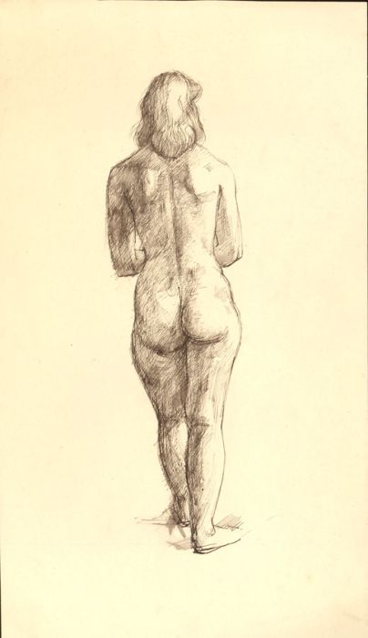 Peter Collins ARCA - c.1970s Pen and Ink Drawing, Standing Female Nude