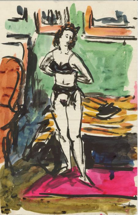 Peter Collins ARCA - Vibrant c.1970s Watercolour, Lady Undressing in Interior