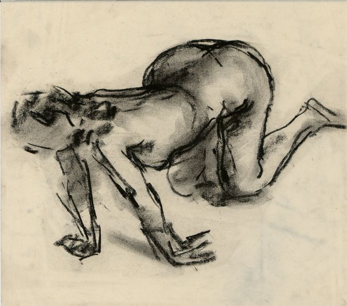 Peter Collins ARCA - c.1970s Charcoal Drawing, Kneeling Nude Woman 