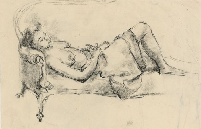 Peter Collins ARCA - c.1970s Charcoal Drawing, Reclining Female Nude