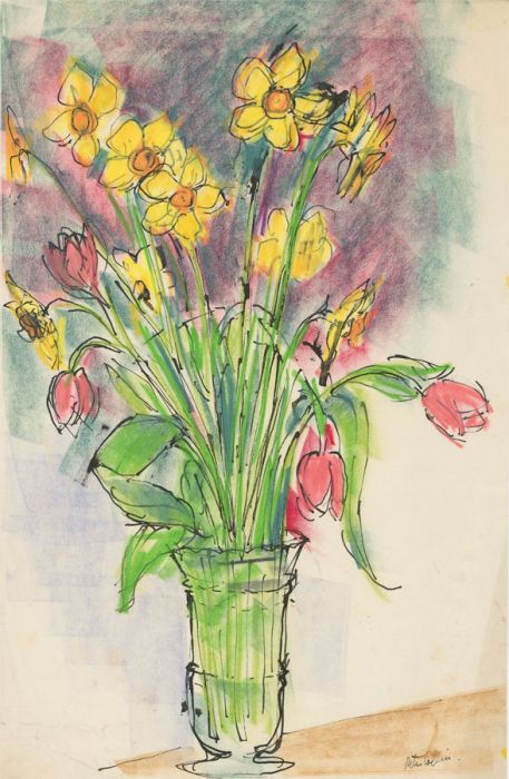 Peter Collins ARCA - Signed c.1970s Pastel, Still Life of Daffodils 