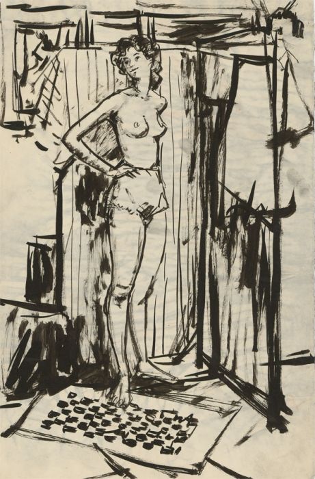 Peter Collins ARCA - c.1970s India Ink, Female Nude in an Interior