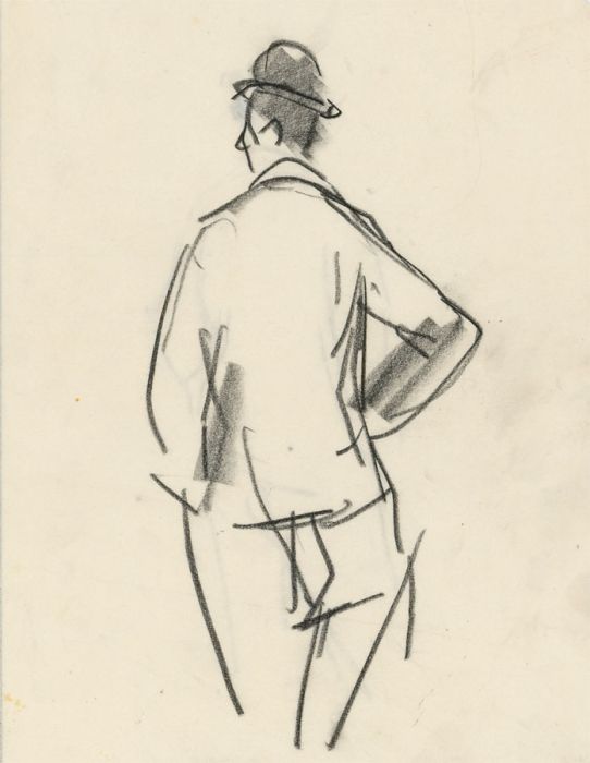 Peter Collins ARCA - c.1970s Charcoal Drawing, Man in Trench Coat