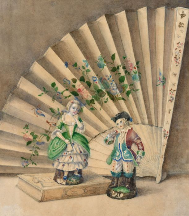 Late 19th Century Watercolour - Still Life of Porcelain Figures and Fan