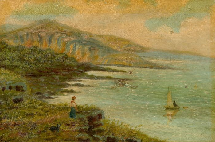 Late 19th Century Oil - Woman and Dog in Coastal Landscape
