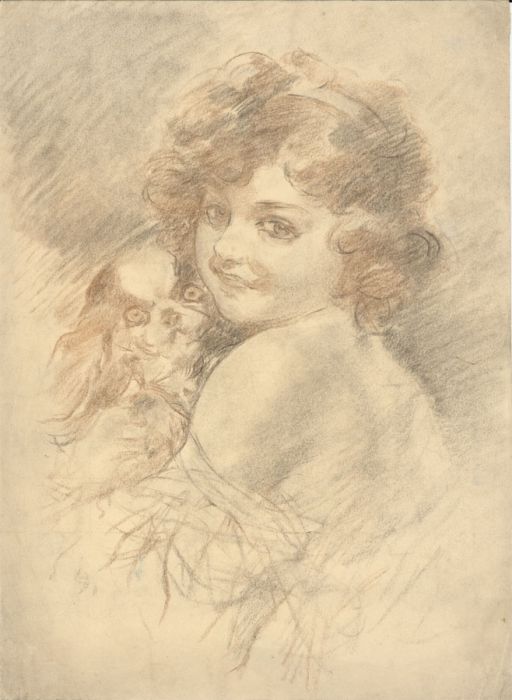 English School 19th Century Graphite Drawing - Portrait of a Girl and Her Dog