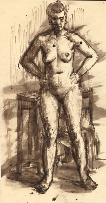 Peter Collins ARCA - c.1970s Pen and Ink Drawing, Female Nude, Hands on Hips