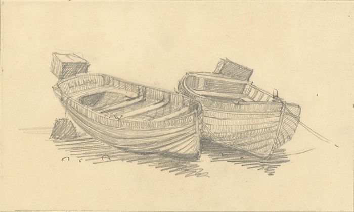 English School Mid 20th Century Graphite Drawing - Rowing Boats