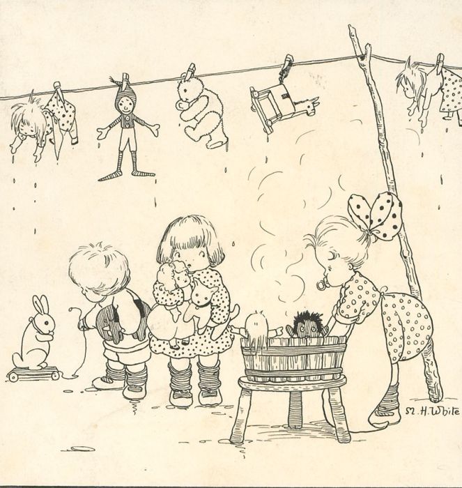 Marjorie Hilda and Jo White - Early 20th Century Pen and Ink Drawing, Scrub-Day