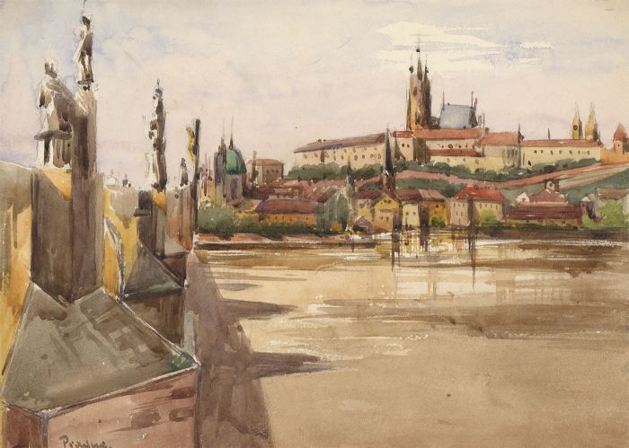 T. Dobson - Late 19th Century Watercolour, River Scene, Prague 