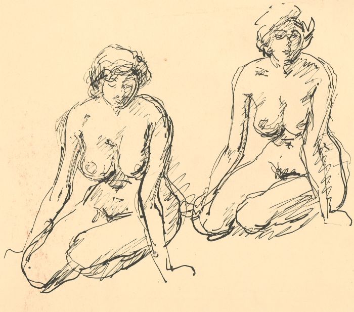 Peter Collins ARCA - c.1970s Pen and Ink Drawing, Kneeling Nudes