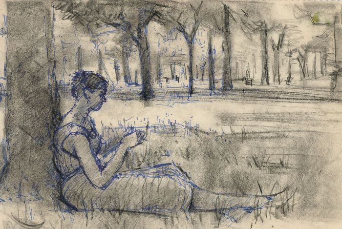 Peter Collins ARCA - c.1970s Pen and Charcoal Drawing, Lady in a Park