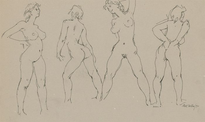 Peter Collins ARCA - Signed 1990 Pen and Ink Drawing, Studies of a Female Nude