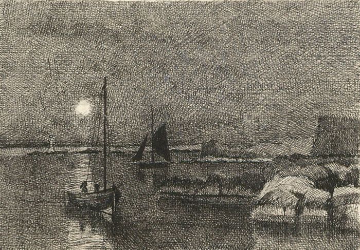 Alexander Blackwood - Late 19th Century Pen and Ink Drawing, Moonlit Seascape