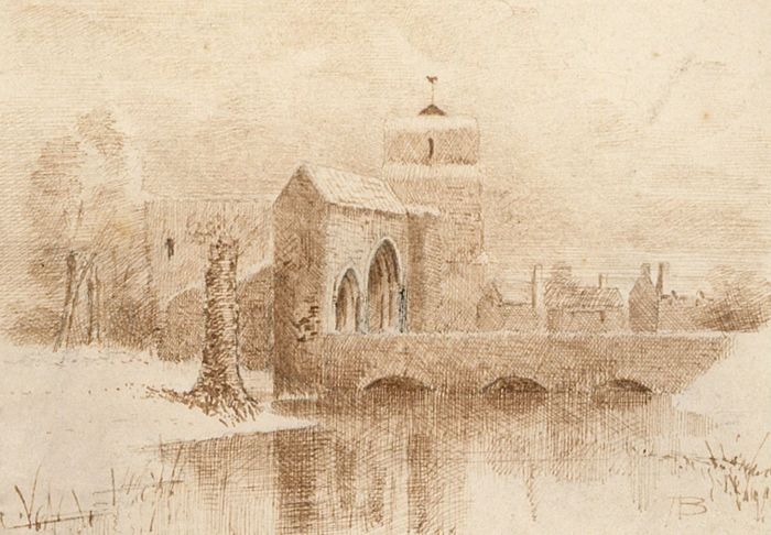 Alexander Blackwood - Sepia Late 19th Century Pen and Ink Drawing, Winter Town