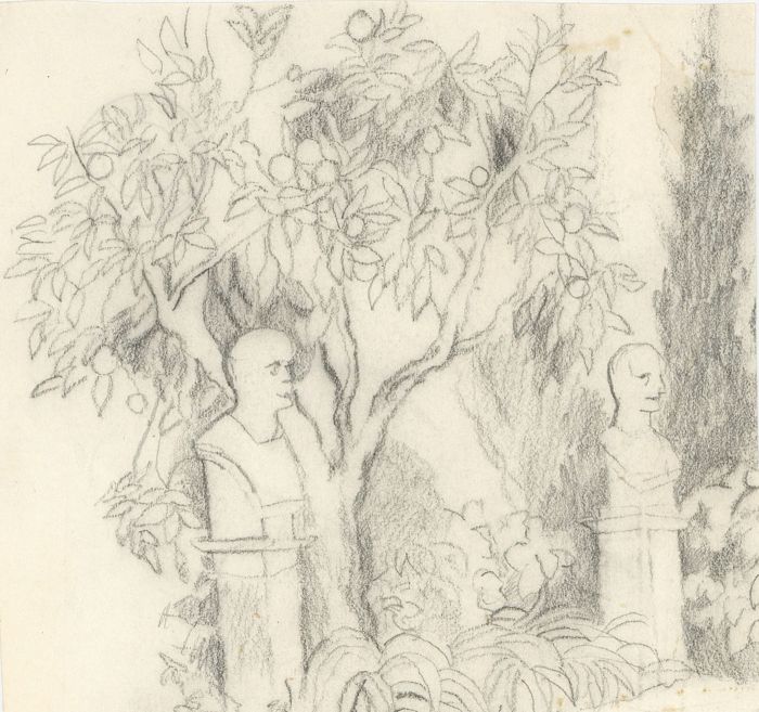 Barbara Dorf - Mid 20th Century Graphite Drawing, Busts in a Garden