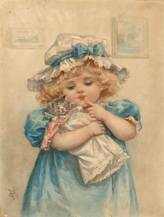 E.Heatley - Fine Monogrammed Late 19th Century Watercolour, Girl with Kitten