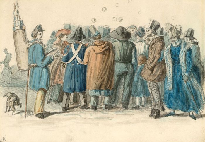 19th Century Watercolour - Crowd Scene with Soldiers