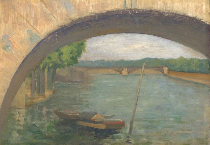 Mid 20th Century Oil - Boats Under a Bridge