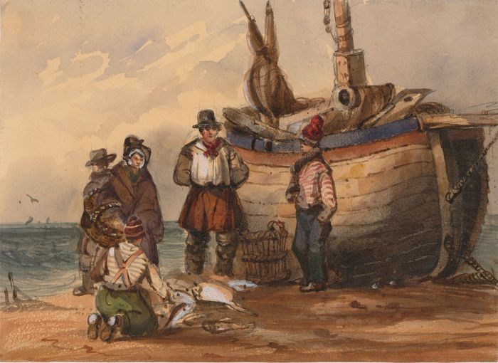 English School 19th Century Watercolour - Fishermen on a Beach 