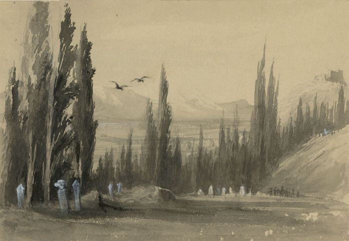 Late 19th Century Watercolour - Alpine Landscape with Graveyard