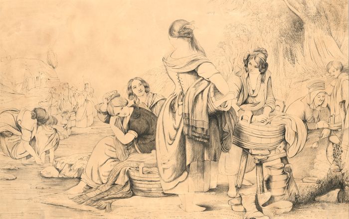 Early 19th Century Pen and Ink Drawing - Women Washing Hair and Clothes