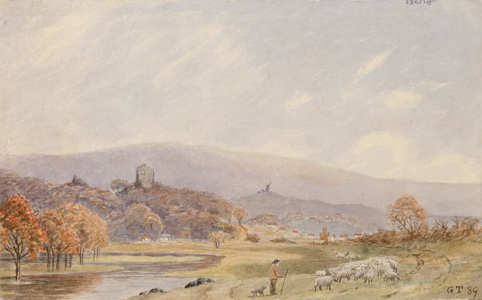 G.T. - 1889 Watercolour, River Landscape with Shepherd and Flock