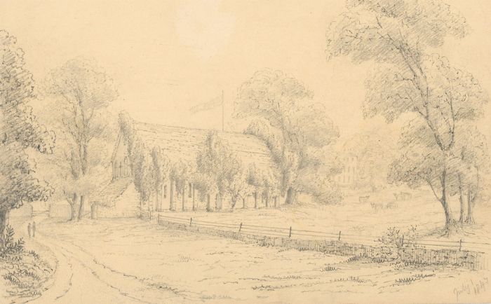 English School 1847 Graphite Drawing - Rural Scene with Church
