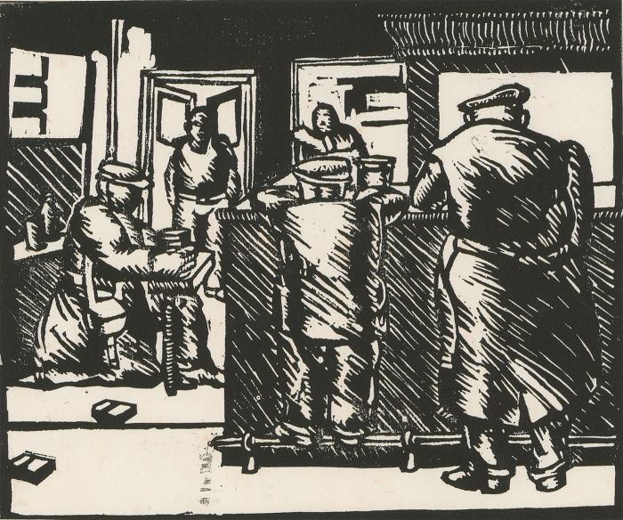 Contemporary Linoprint - Labourers in a Pub