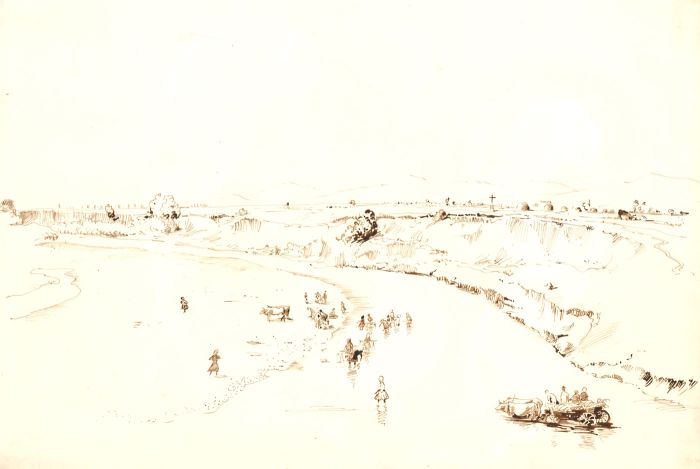 Georg Mayer-Marton - Sepia Mid 20th Century India Ink, River View with Figures