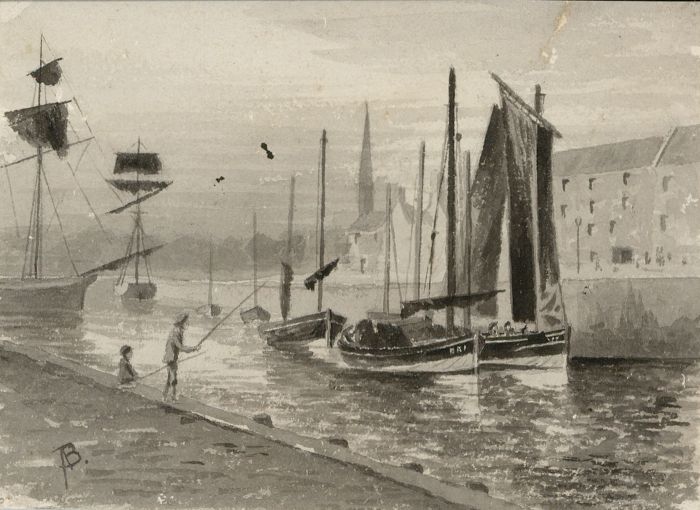 Alexander Blackwood - Monochrome Late 19th Century Watercolour, Harbour Scene