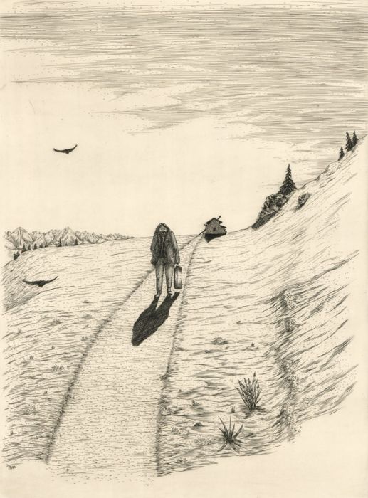 German School Artist Proof 1983 Etching - Figure on a Coastal Path 