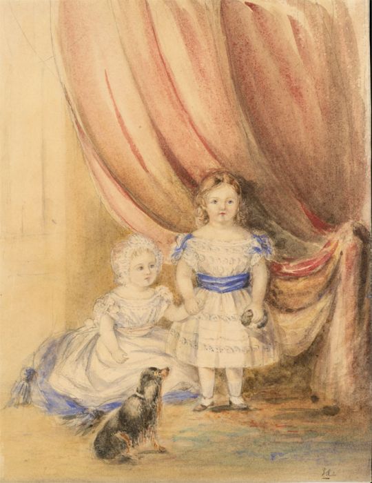Mid 19th Century Watercolour - Portrait of Girls with a Dog