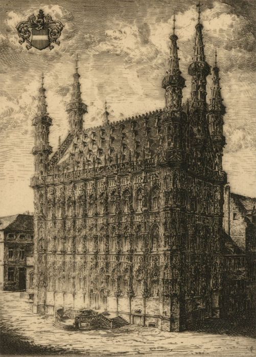 Ferdinand Giele (1867-1928)  - Original Etching, Leuven Town Hall, Belgium