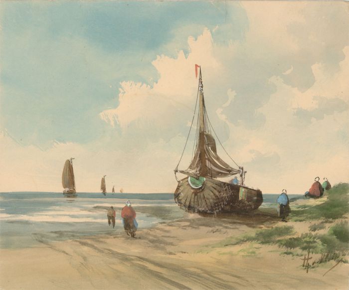 19th Century Gouache - Beach Scene with Boat at Low Tide