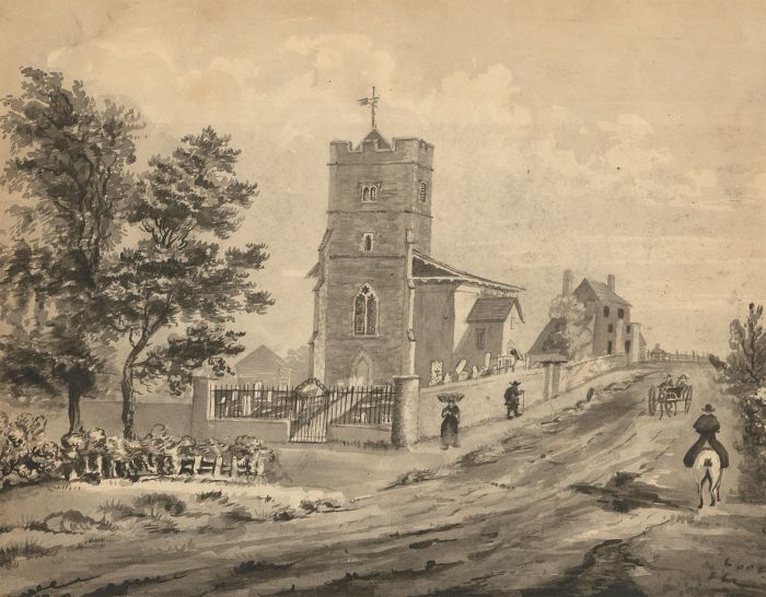 English School Monochrome 19th Century Watercolour - Street Scene with Church 