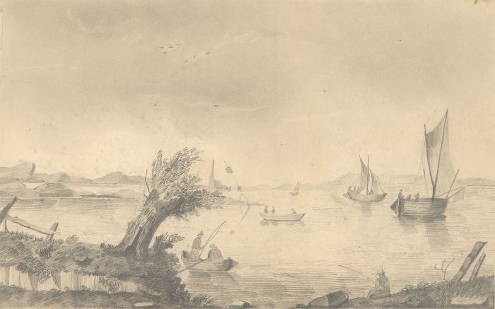 English School  19th Century Graphite Drawing - Fishing Boats on a Lake