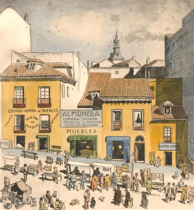Signed Mid 20th Century Etching - Spanish Street Scene