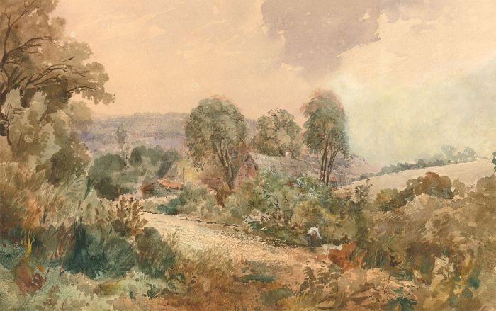 English School 1849 Watercolour - Autumnal Landscape with Figure in a Garden