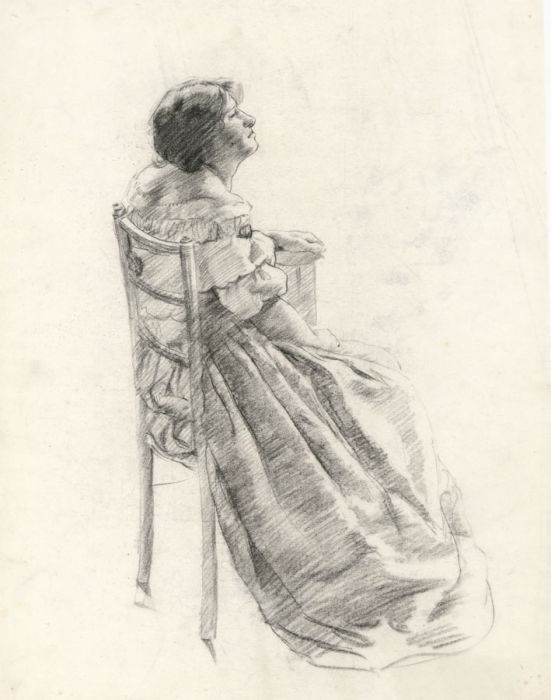 19th Century Graphite Drawing - Portrait of a Seated Woman