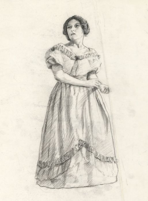 19th Century Graphite Drawing - Woman in Period Dress
