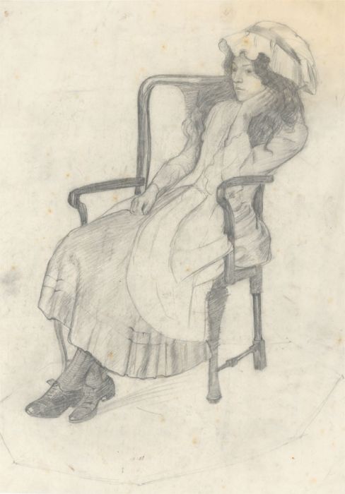 19th Century Graphite Drawing - Portrait of a Seated Girl 