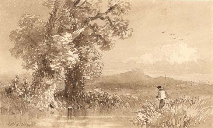 William Bennet (1811-1871) - Signed Sepia Watercolour, Fishing in a Landscape