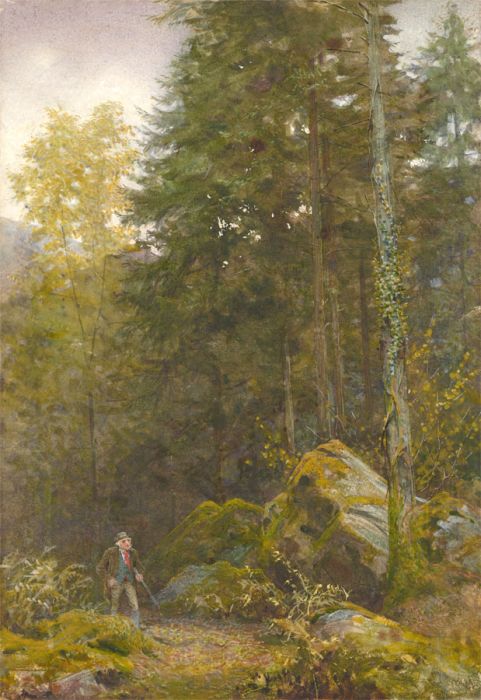 James Barnes (fl.1870-1901) - 1877 Watercolour, Old Man on a Woodland Path