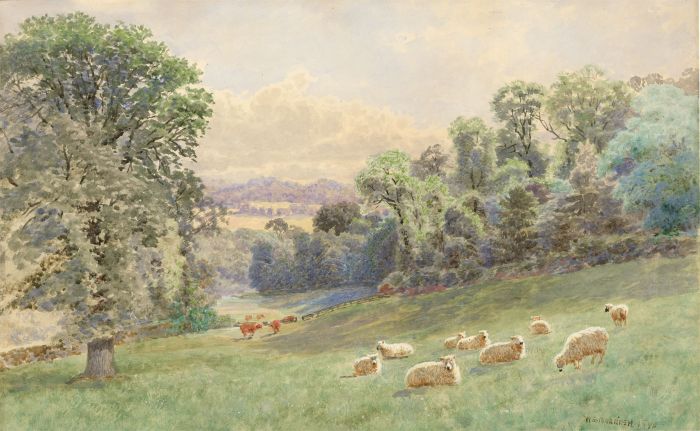 William Sidney Morrish (1844-1917)- 1890 Watercolour, Sheep Grazing in Landscape