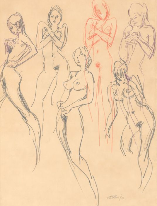 Peter Collins ARCA - A Set of 6 c.1970s Coloured Pencils, Group Nude Studies